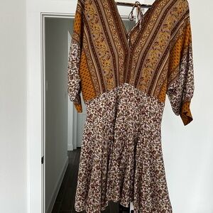 Aakaa Brown and White V-Neck Bishop Sleeve Sundress